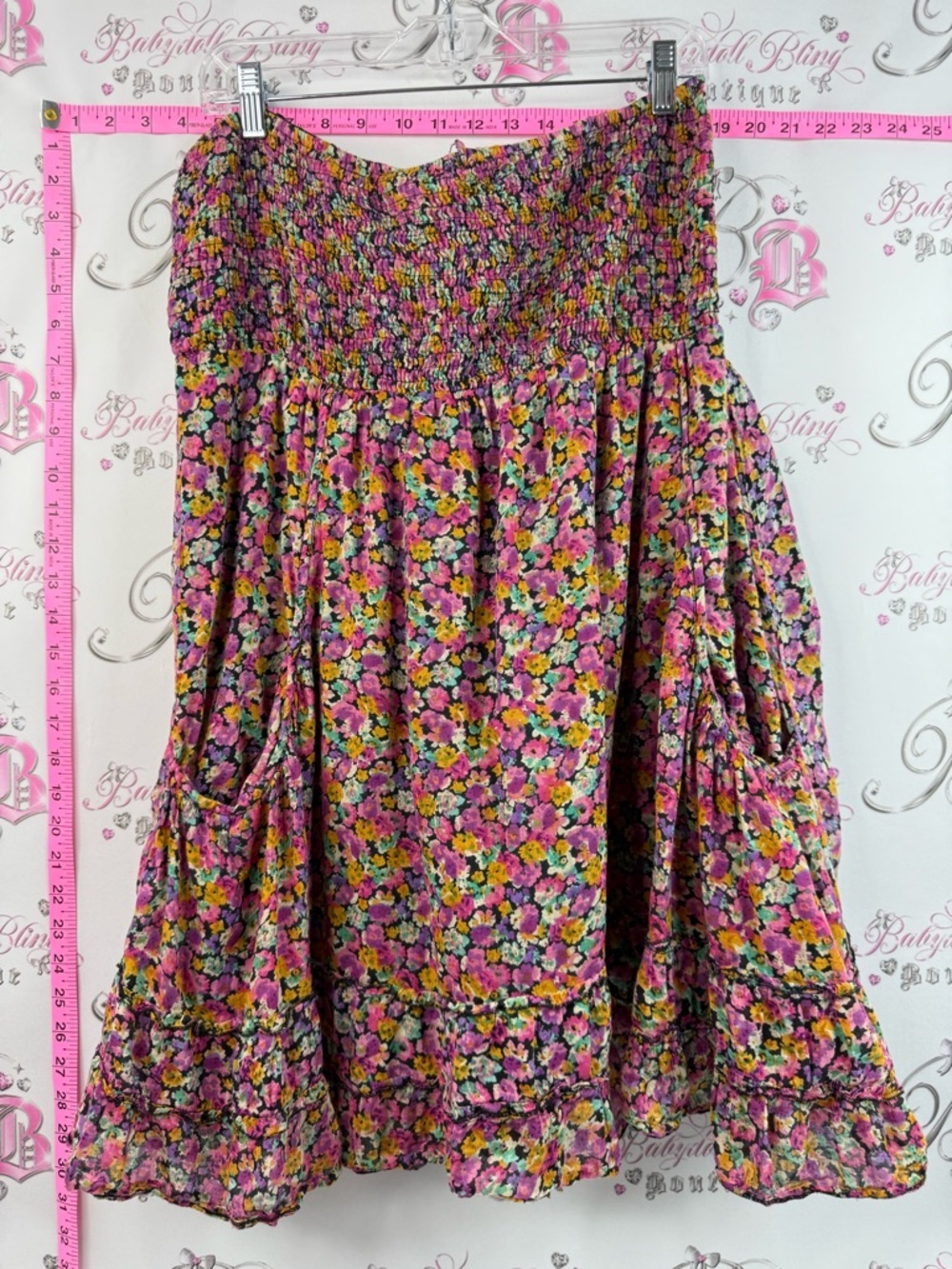 Papa Vancouver dress ruffles pocket Smocked Floral Boho Skirt in Pink and Yellow